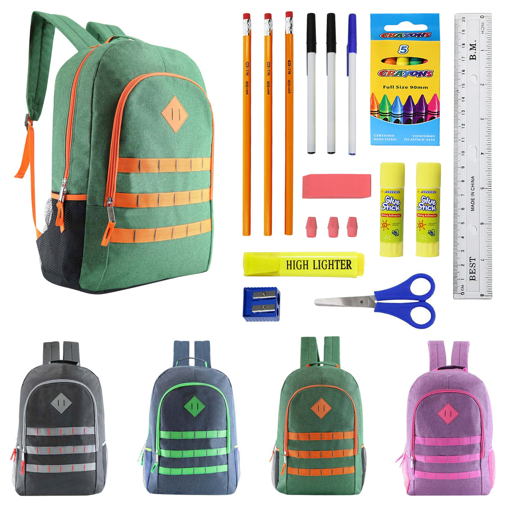 12 Deluxe Wholesale 19" Backpacks in Assorted Colors and 12 Bulk School Supply Kits of Your Choice