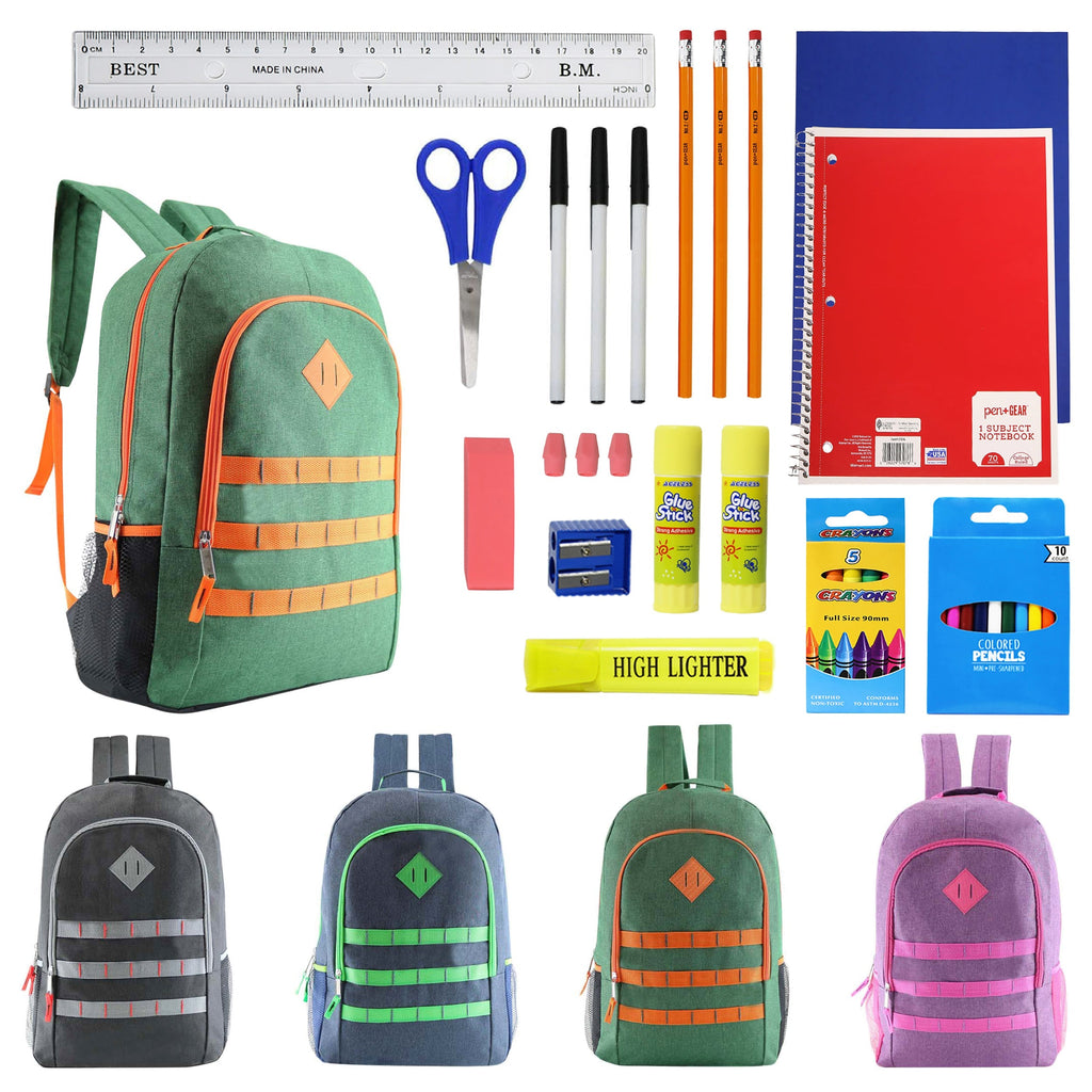 12 Deluxe Wholesale 19" Backpacks in Assorted Colors and 12 Bulk School Supply Kits of Your Choice
