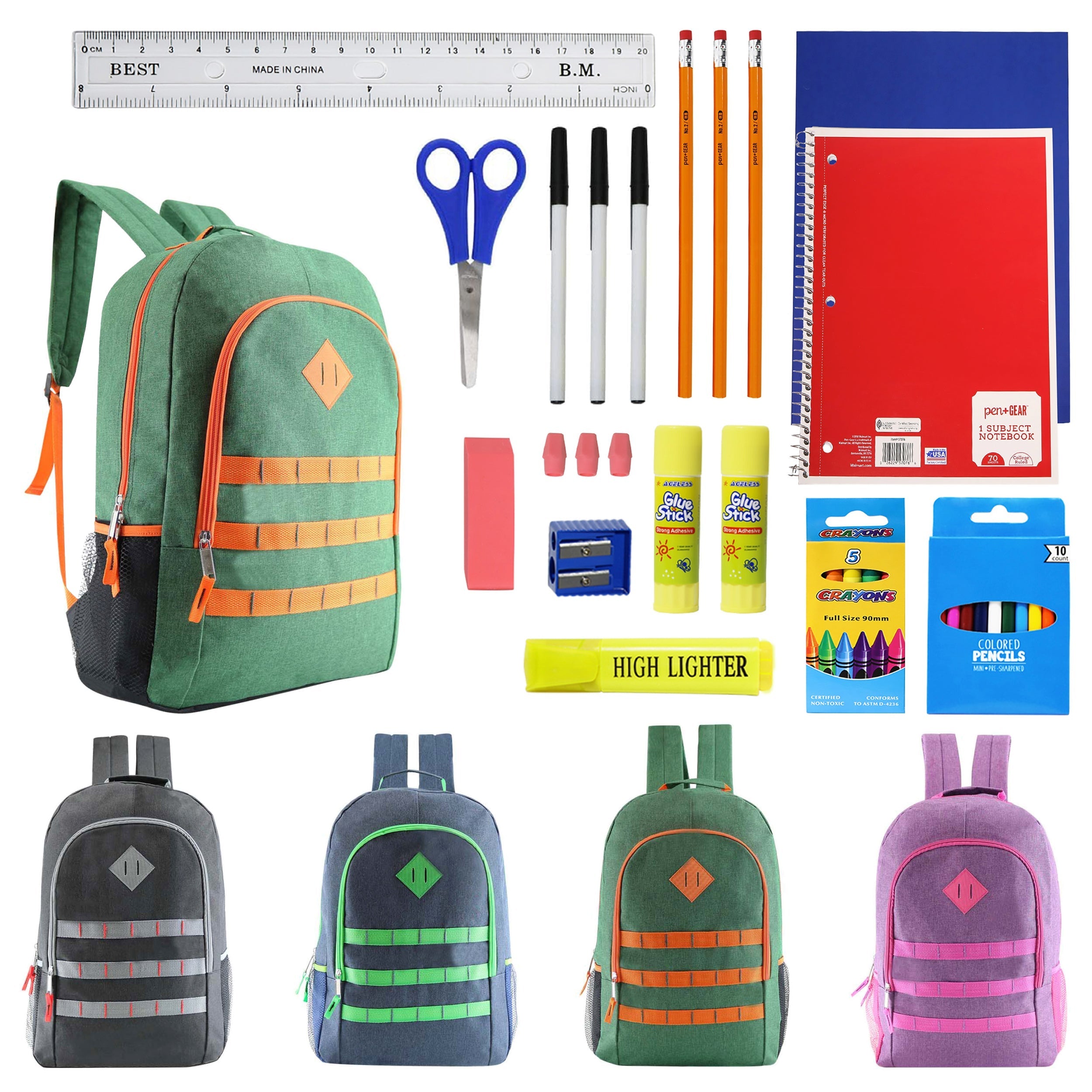 12 Deluxe Wholesale 19" Backpacks in Assorted Colors and 12 Bulk School Supply Kits of Your Choice