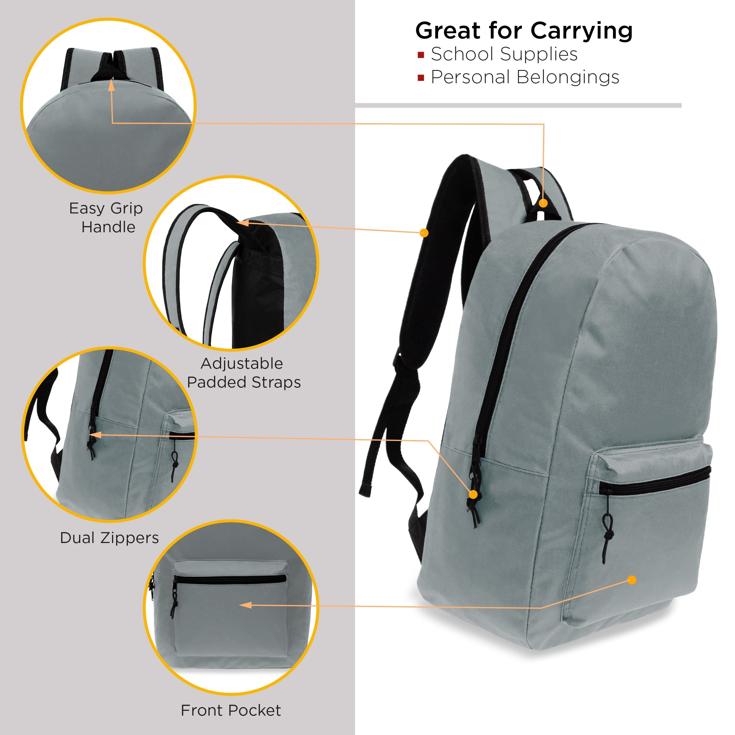 17" Kids Basic Wholesale Backpack in Gray - Bulk Case of 24 Backpacks