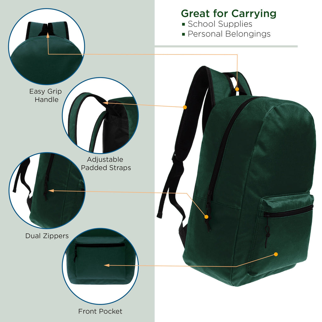 17" Kids Basic Wholesale Backpack in Dark Green- Bulk Case of 24 Backpacks