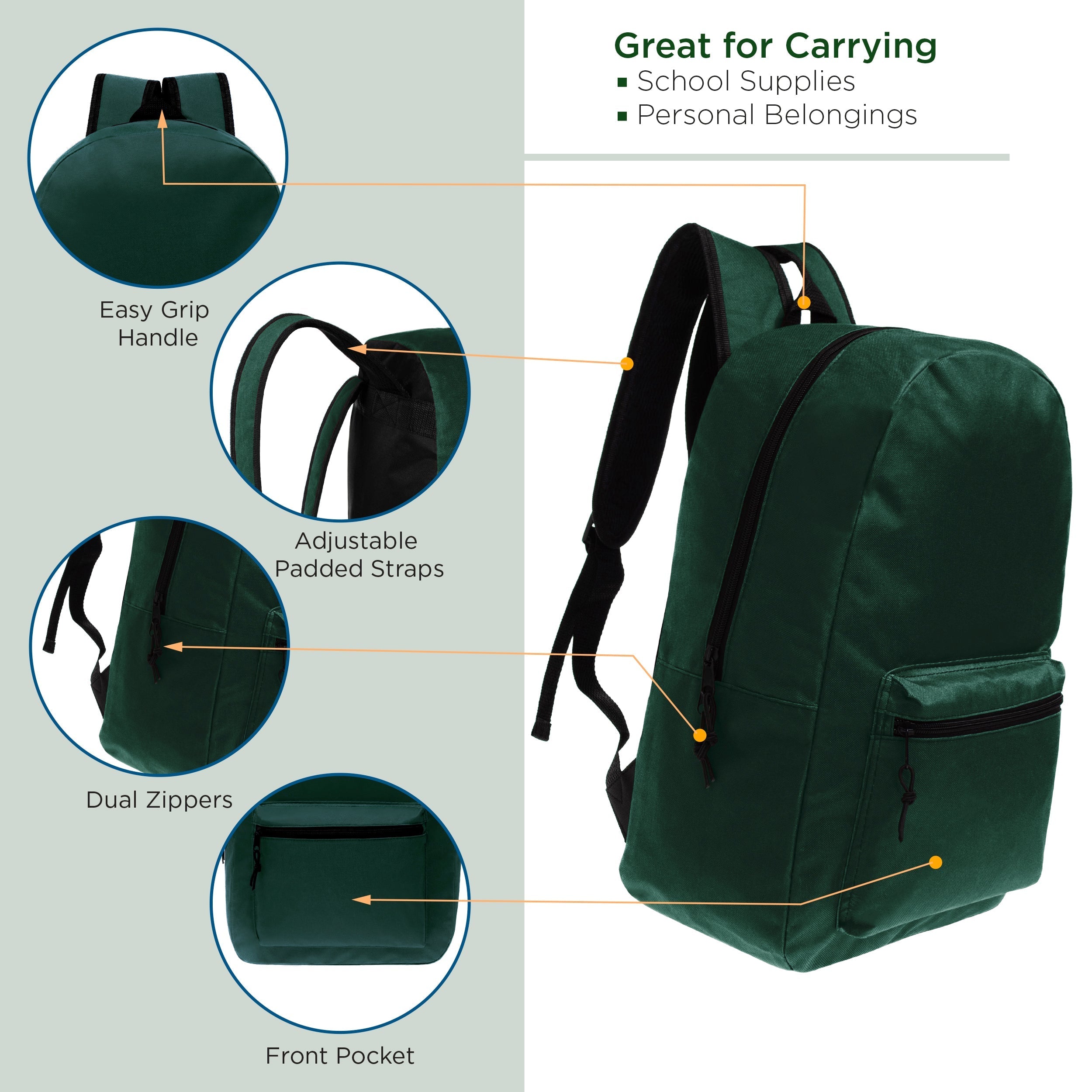 17" Kids Basic Wholesale Backpack in Dark Green- Bulk Case of 24 Backpacks