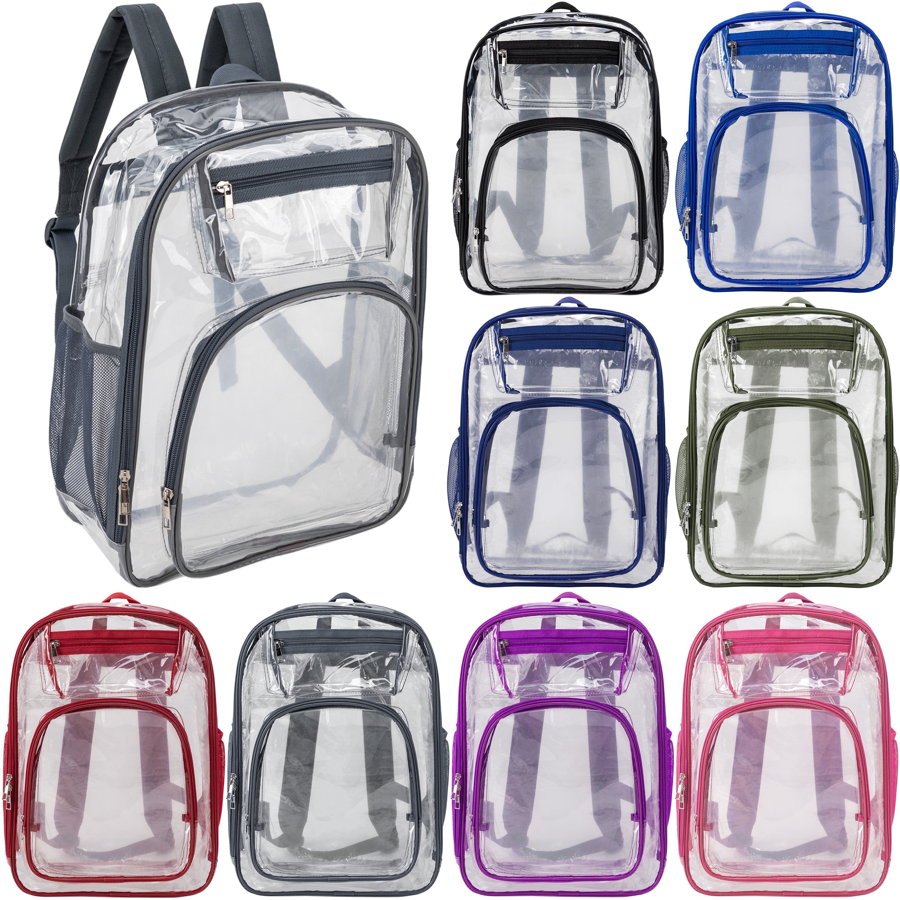 12 Premium 17" Wholesale Clear Backpacks in 8 Colors & 12 Bulk School Supply Kits of Your Choice