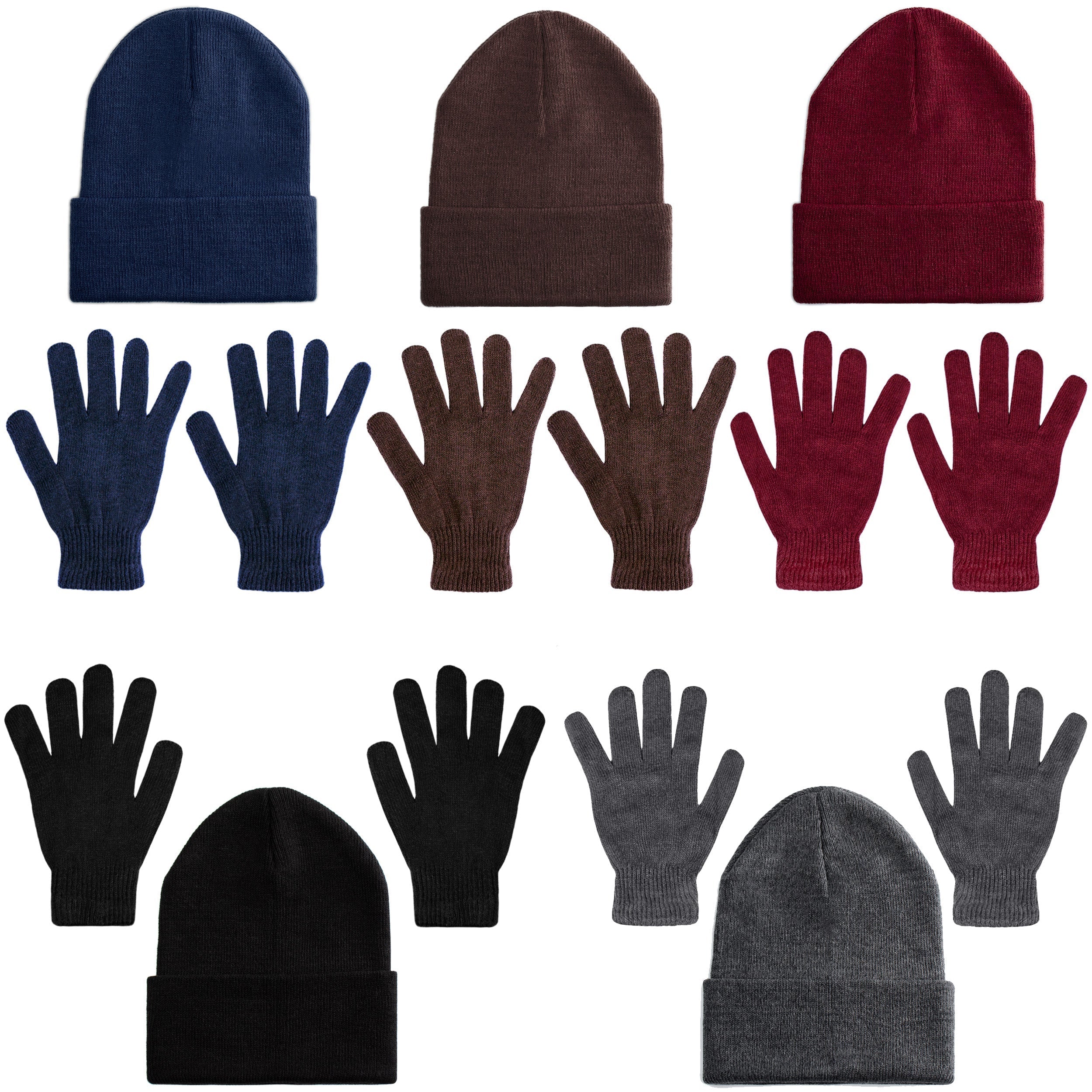 24 Set Wholesale Beanie and Glove Bundle in 5 Assorted Colors - Bulk Case of 24 Beanies, 24 Pairs of Gloves