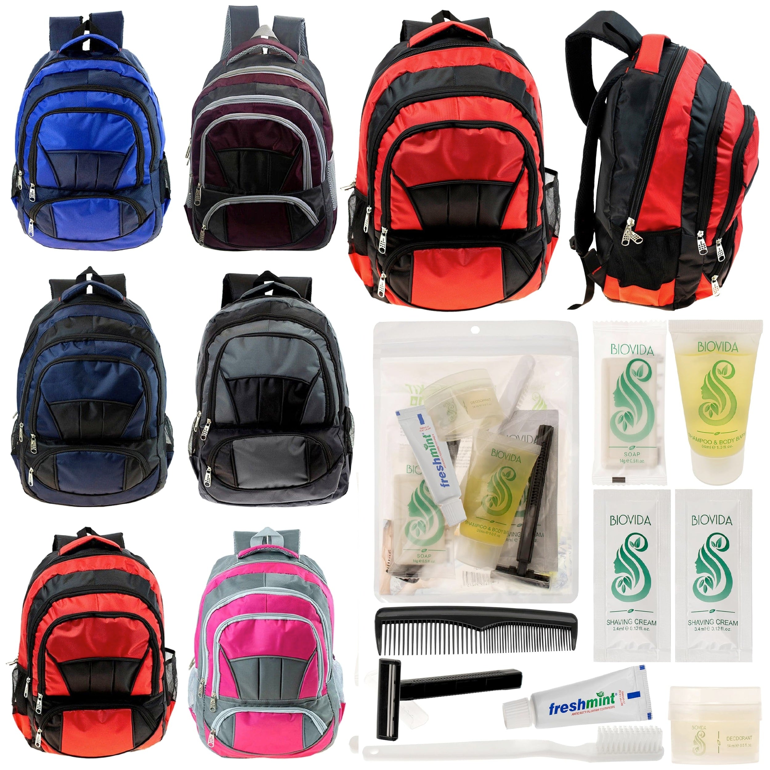 12 Premium 16" Fully Padded Backpacks & Your Choice of 12 Bulk Hygiene Kits - Wholesale Care Package: Homeless, Emergency, Charity