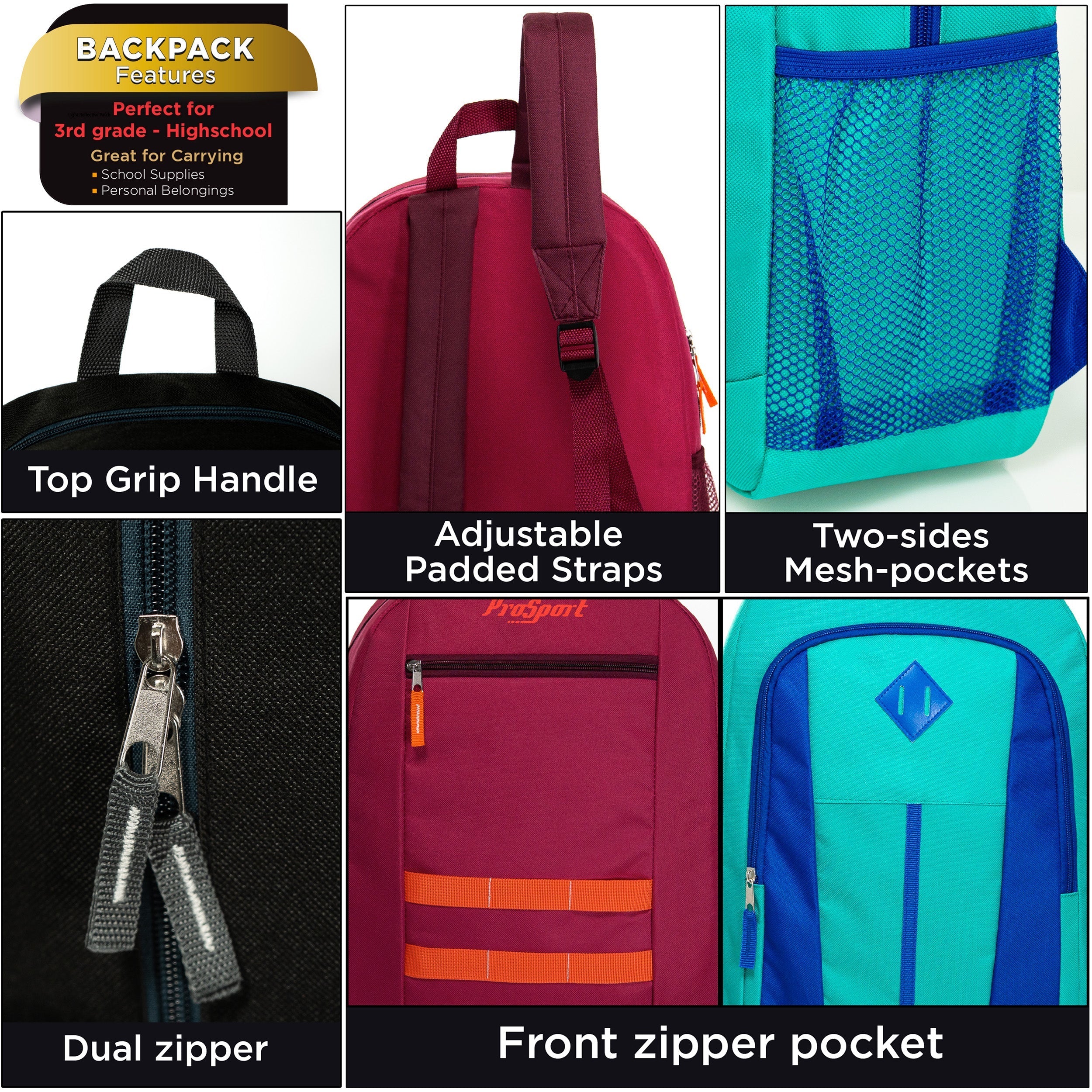 17" Bulk Backpacks for Boys and Girls In 6 Assorted Colors - Wholesale Case Of 24 Backpacks