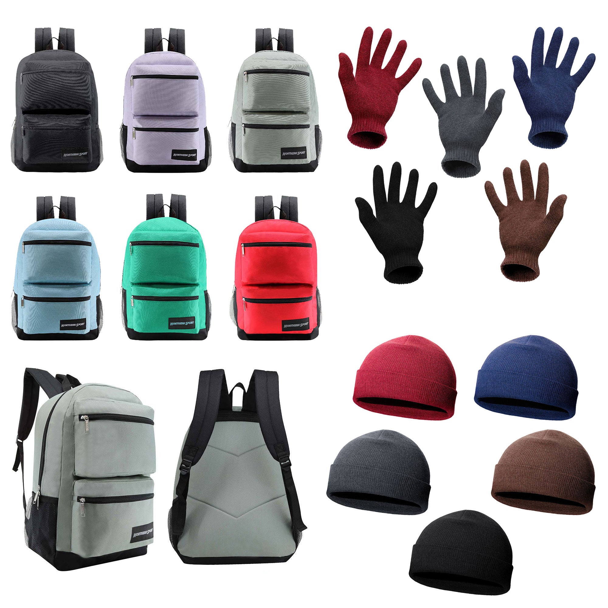 12 19" Premium 3 Zip Backpacks & Your Choice of 12 Bulk Winter Item Sets - Wholesale Care Package: Homeless, Emergency, Charity