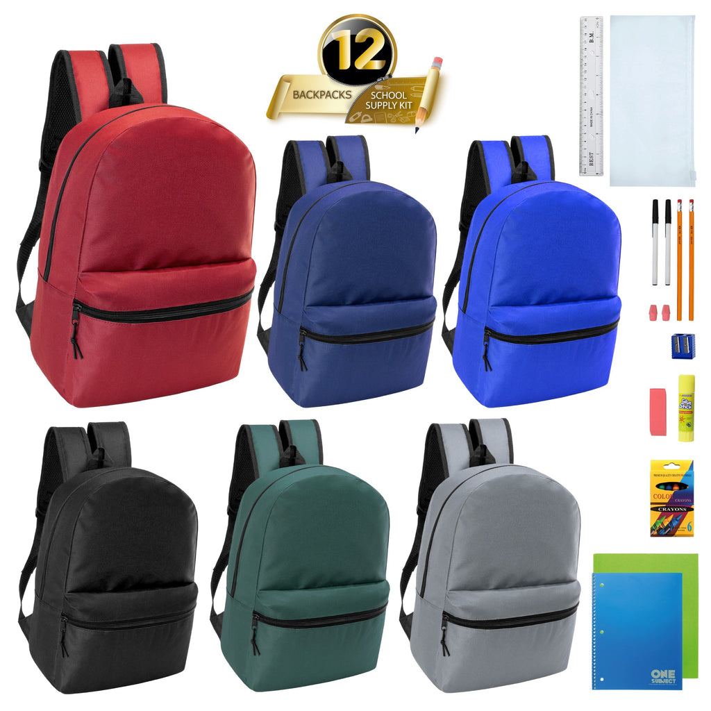 12 Wholesale 18.5" Backpacks in Assorted Colors & 12 Bulk School Supply Kits of Your Choice