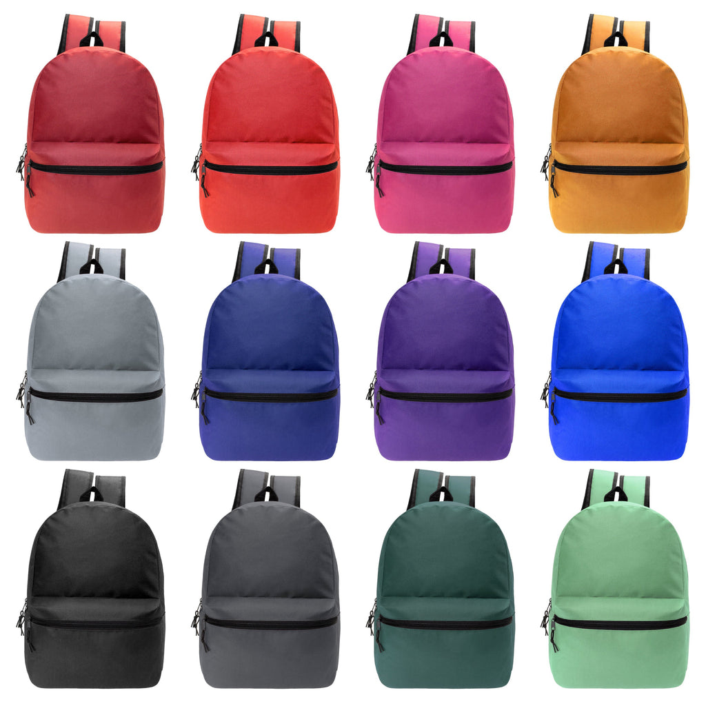 15" Kids Basic Wholesale Backpack in 12 Colors- Bulk Case of 24