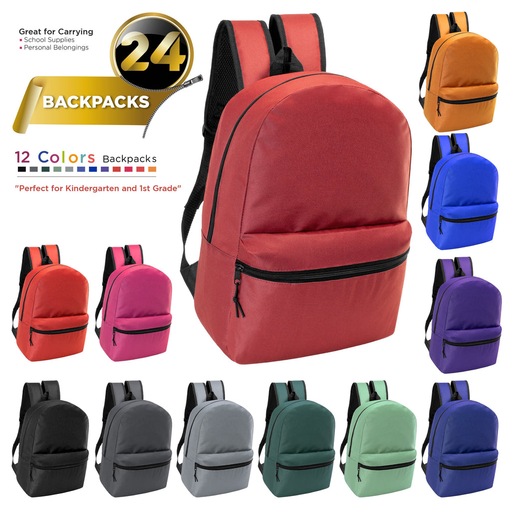 15" Kids Basic Wholesale Backpack in 12 Colors- Bulk Case of 24