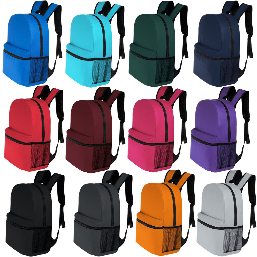 17" Kids Basic Wholesale Backpack in 12 Colors With Side Pocket - Bulk Case of 24 Backpacks