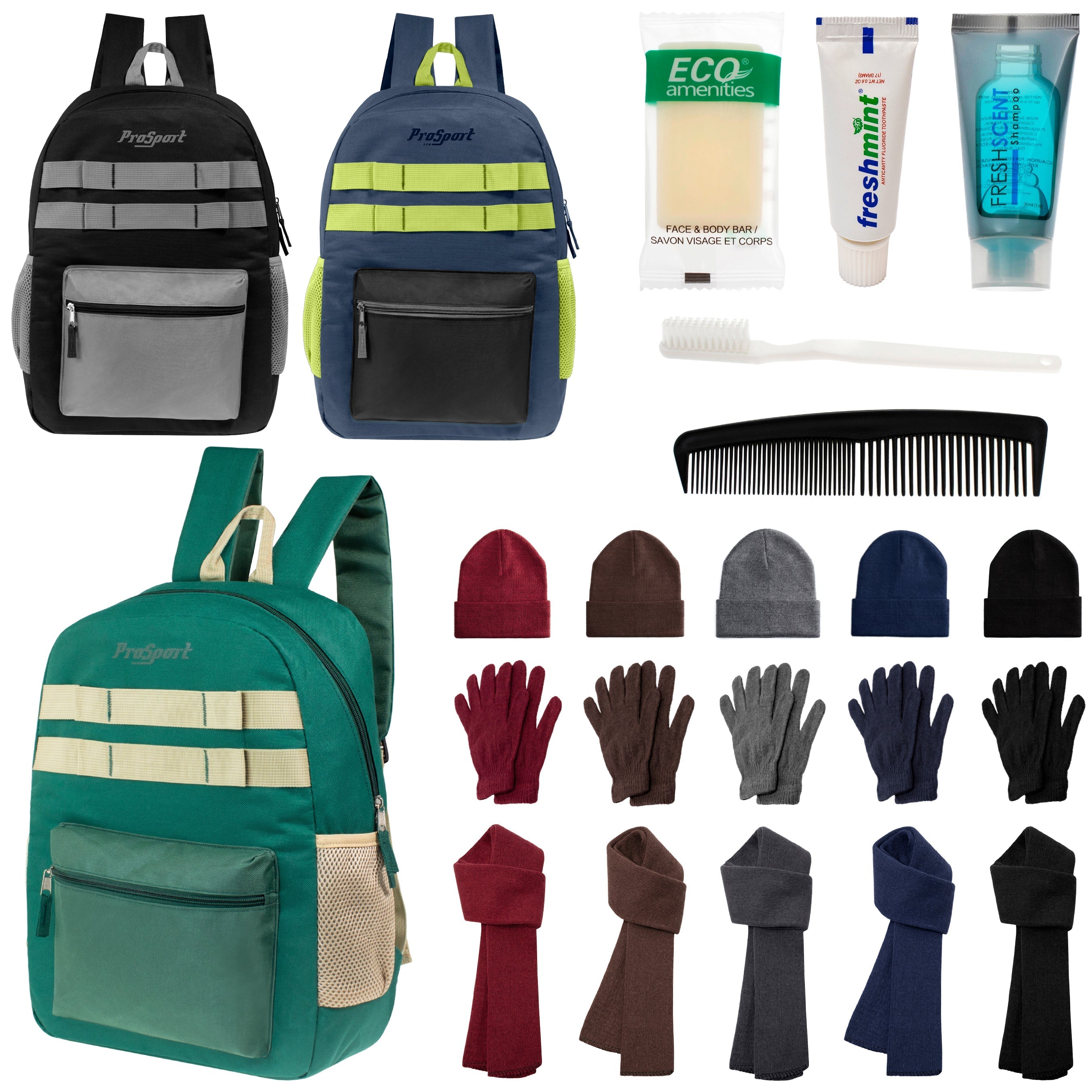12 Durable 17" Multi- Color Backpacks, 12 Winter Item Sets & Your Choice of 12 Bulk Hygiene Kits - Wholesale Homeless Care Package