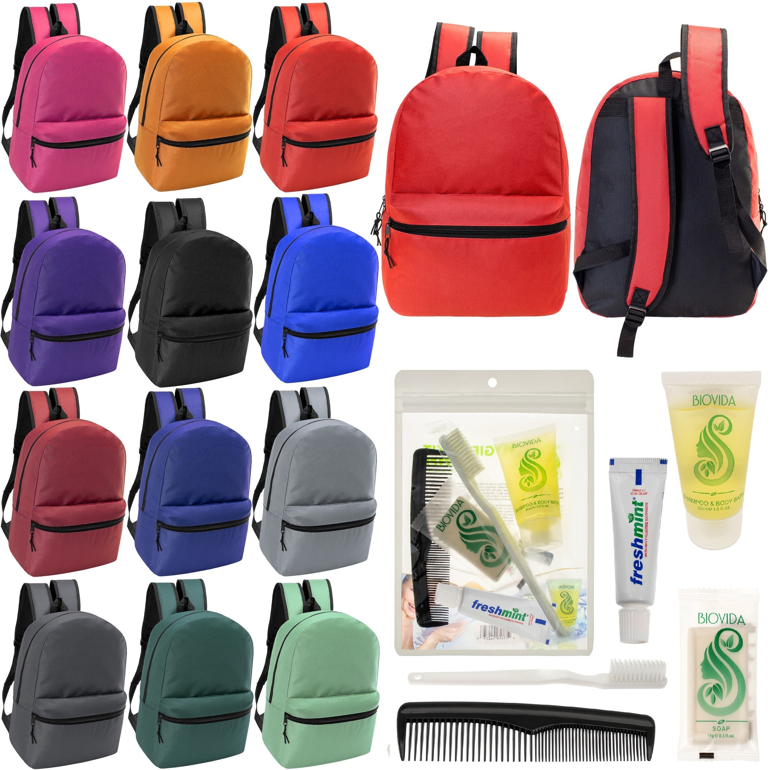 12 17" Classic Backpacks in 12 Assorted Colors & Your Choice of 12 Bulk Hygiene Kits - Wholesale Care Package: Homeless, Emergency, Charity