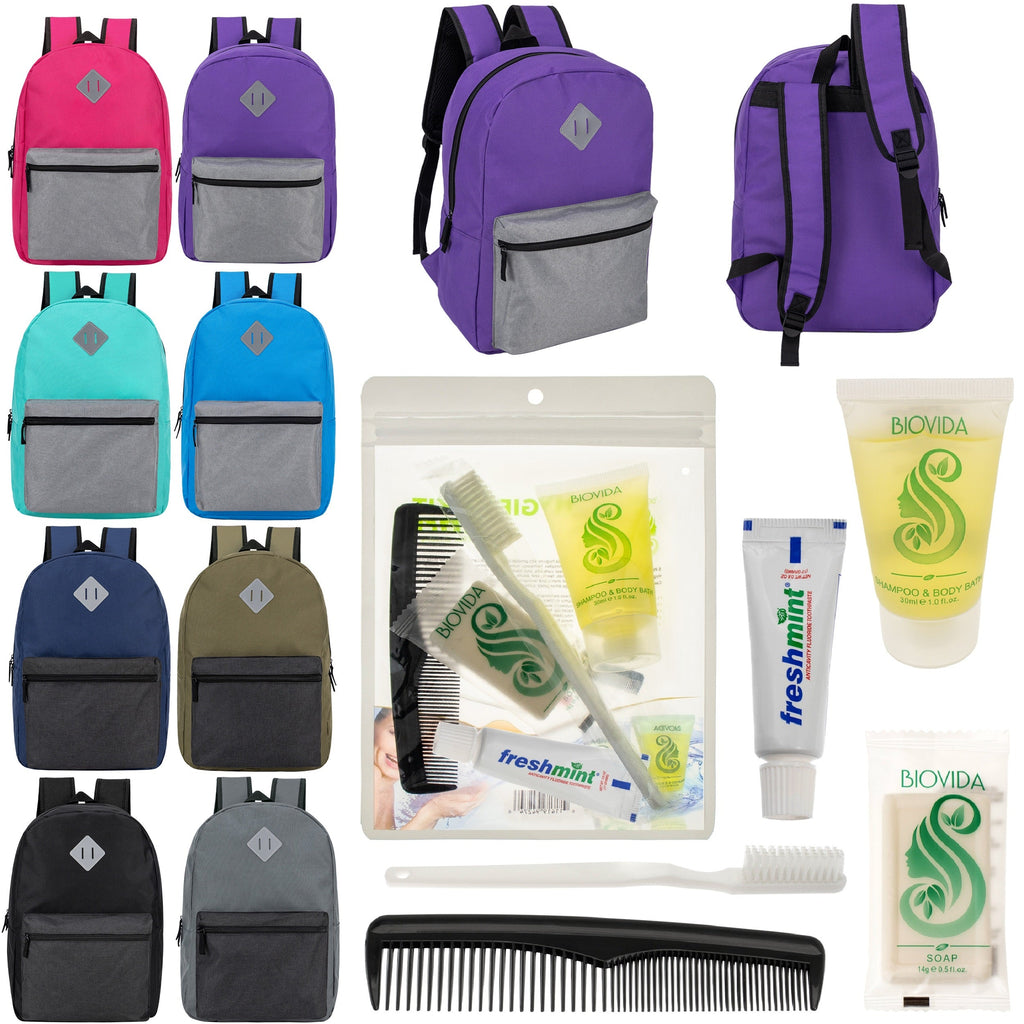 12 Diamond Patch 17" Backpacks in Multi Colors & Your Choice of 12 Bulk Hygiene Kits - Wholesale Care Package: Homeless, Emergency, Charity