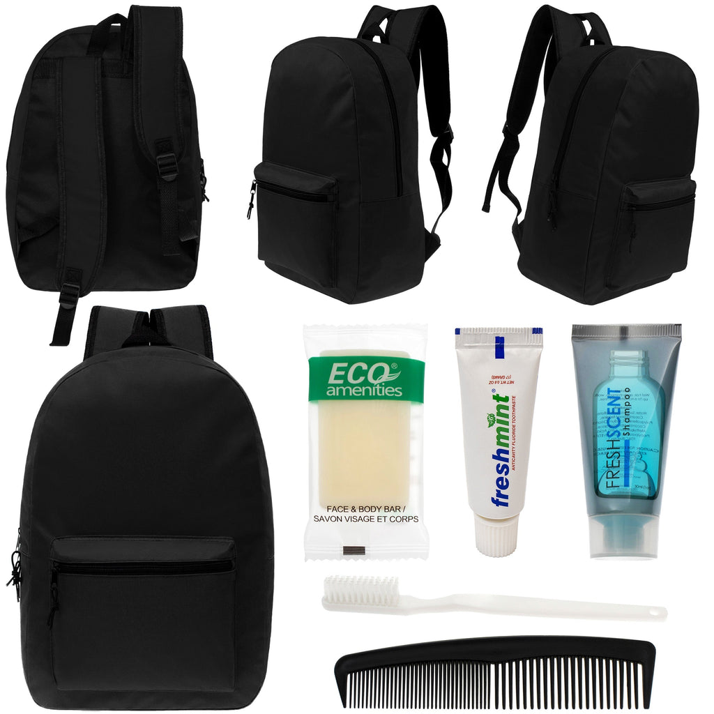 12 Black 17" Classic Backpacks & Your Choice of 12 Bulk Hygiene Kits - Wholesale Care Package: Homeless, Emergency, Charity