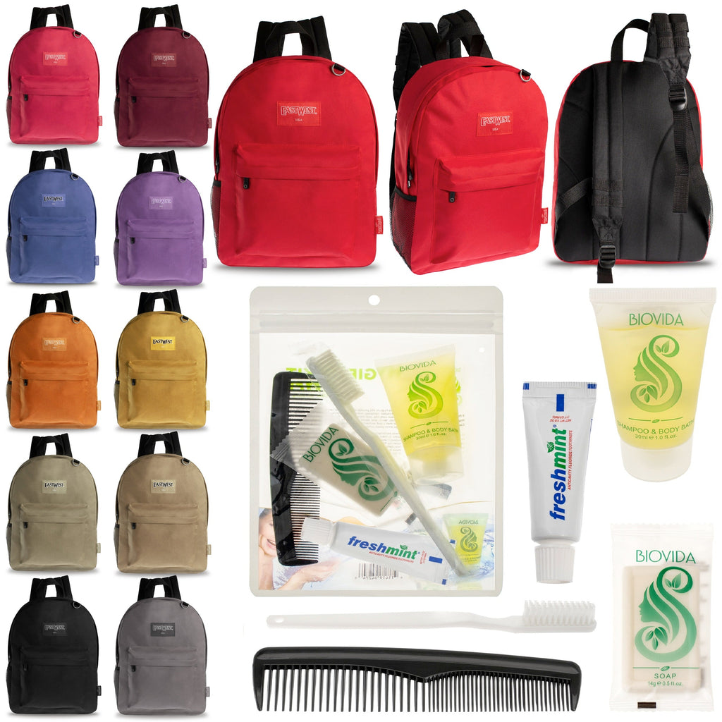 12 Diamond Patch 17" Backpacks in Multi Colors & Your Choice of 12 Bulk Hygiene Kits - Wholesale Care Package: Homeless, Emergency, Charity