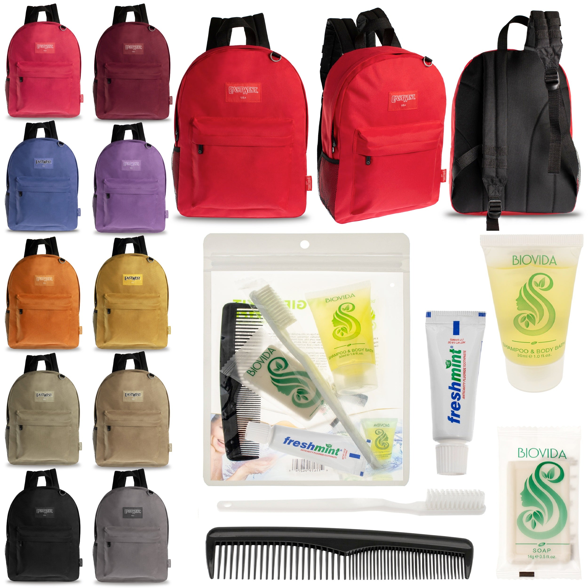 12 Diamond Patch 17" Backpacks in Multi Colors & Your Choice of 12 Bulk Hygiene Kits - Wholesale Care Package: Homeless, Emergency, Charity