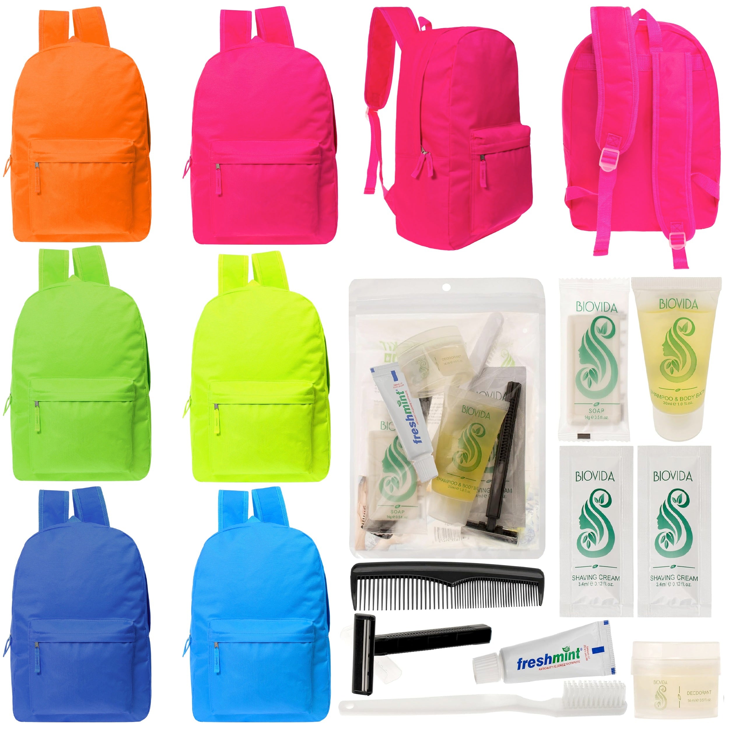 12 Bright Color 17" Backpacks in 6 Colors & Your Choice of 12 Bulk Hygiene Kits - Wholesale Care Package: Homeless, Emergency, Charity