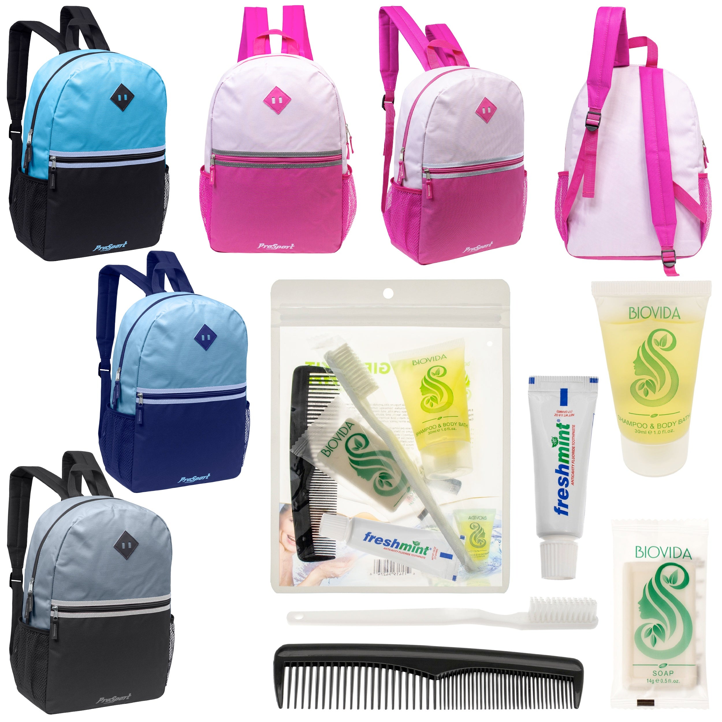 12 Multi-Color Diamond Patch Backpacks w/Accent Trim & Your Choice of 12 Bulk Hygiene Kits - Wholesale Care Package: Homeless, Emergency, Charity