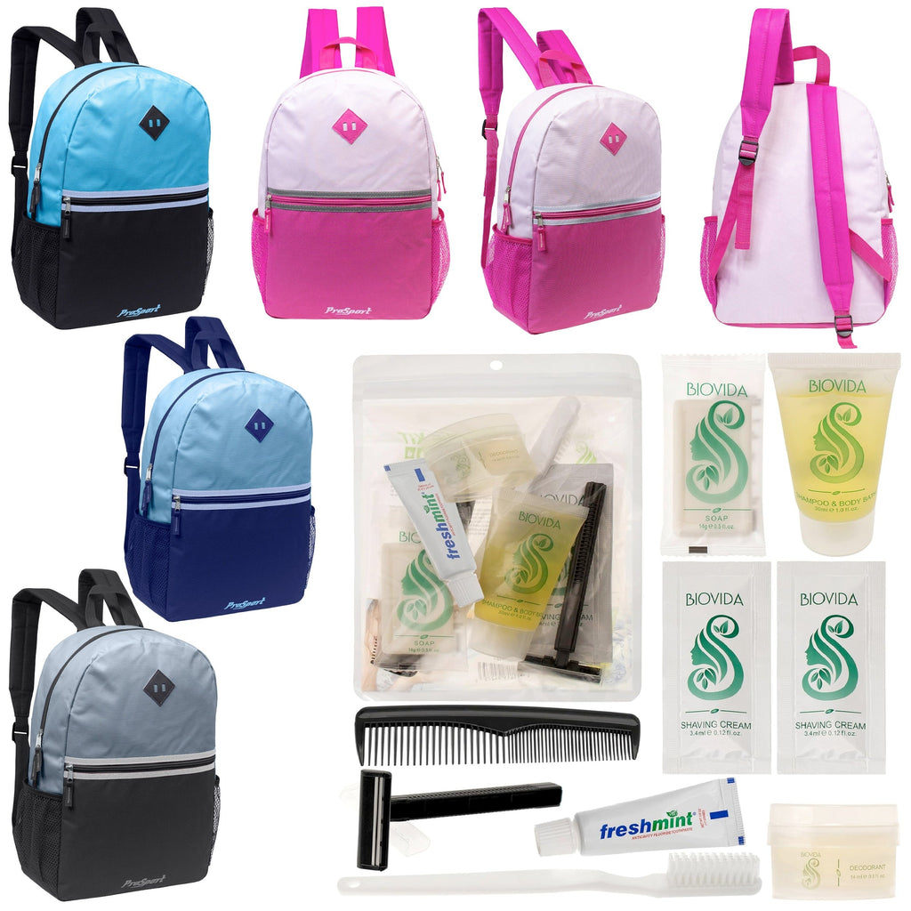 12 Multi-Color Diamond Patch Backpacks w/Accent Trim & Your Choice of 12 Bulk Hygiene Kits - Wholesale Care Package: Homeless, Emergency, Charity