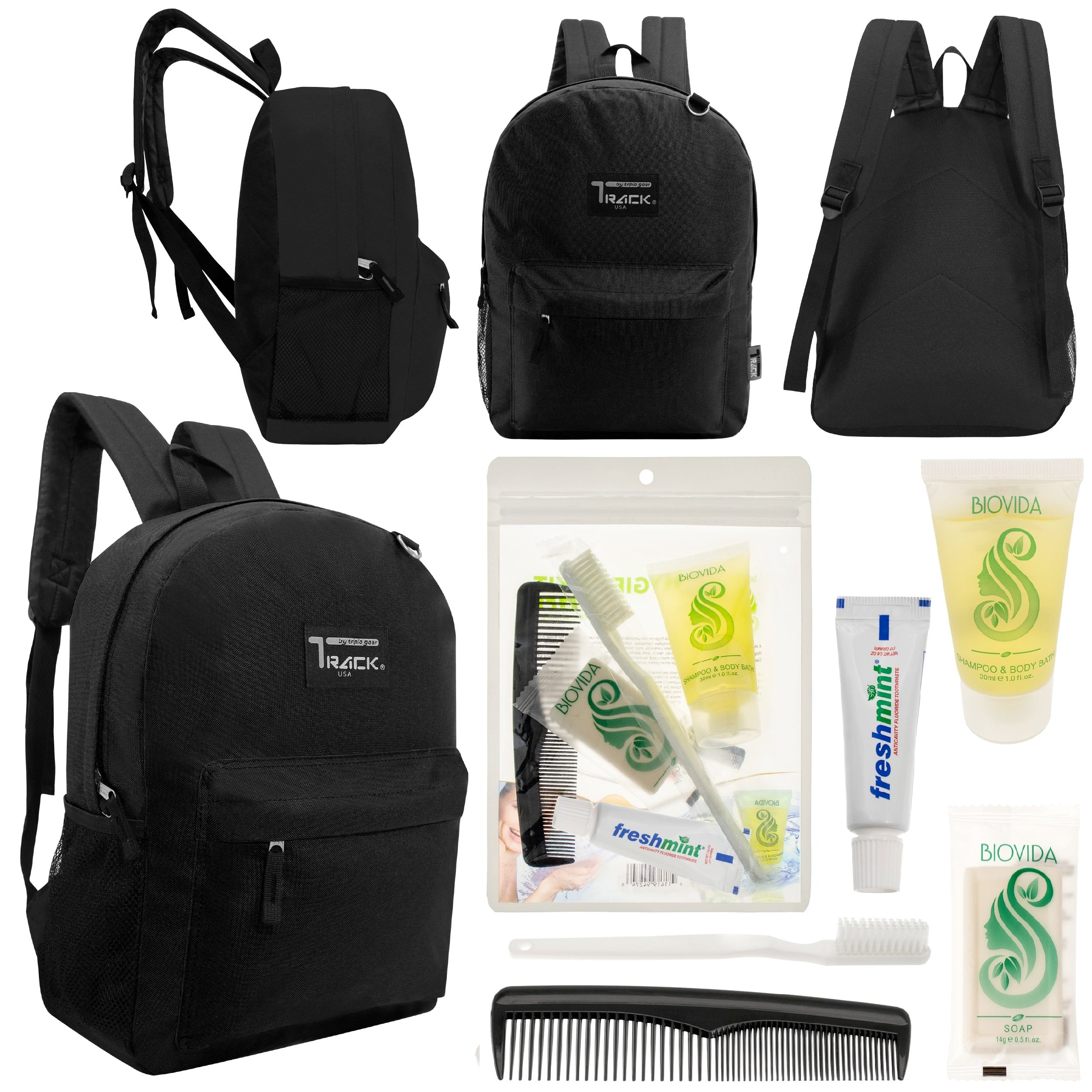 12 Classic 17" Backpacks in Black & Your Choice of 12 Bulk Hygiene Kits - Wholesale Care Package: Homeless, Emergency, Charity