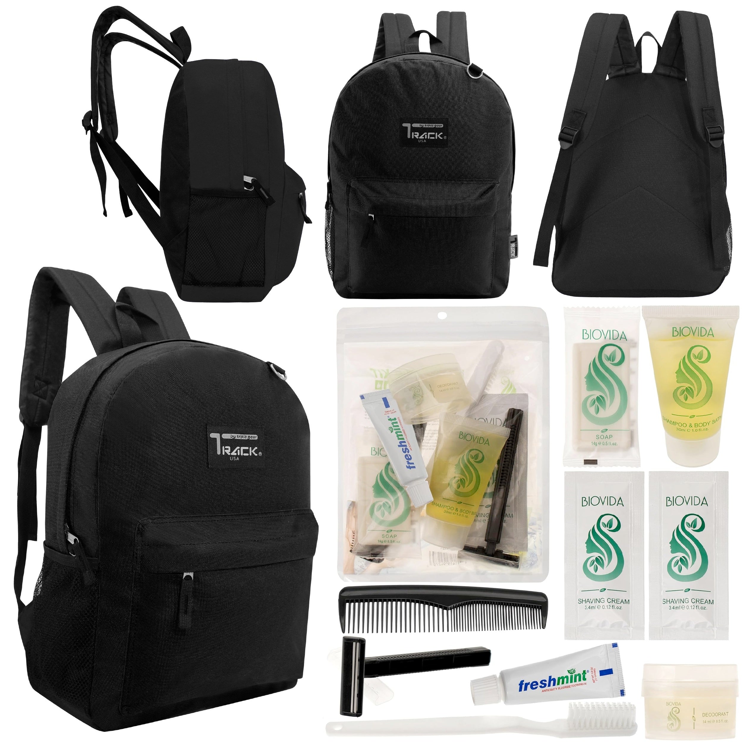 12 Classic 17" Backpacks in Black & Your Choice of 12 Bulk Hygiene Kits - Wholesale Care Package: Homeless, Emergency, Charity