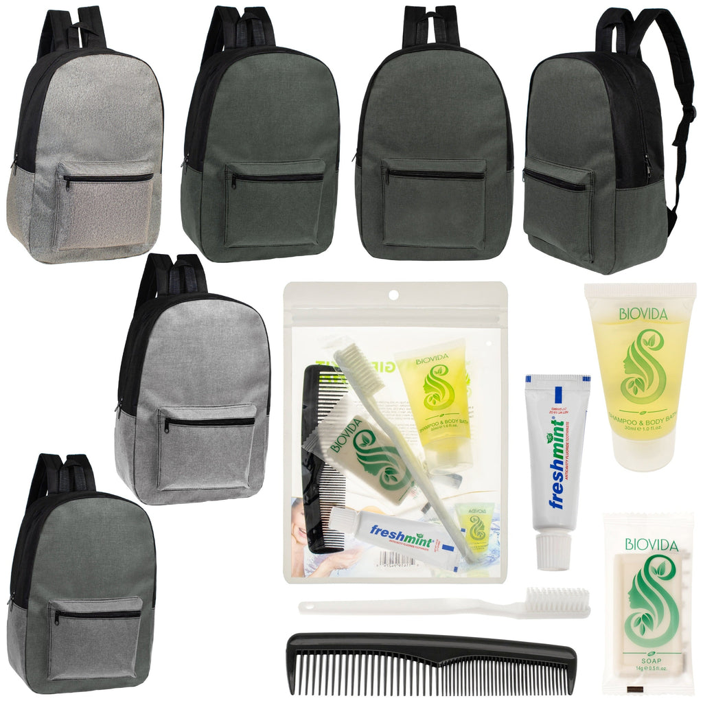 12 Basic Unisex 17" Backpacks in 4 Colors & Your Choice of 12 Bulk Hygiene Kits - Wholesale Care Package: Homeless, Emergency, Charity