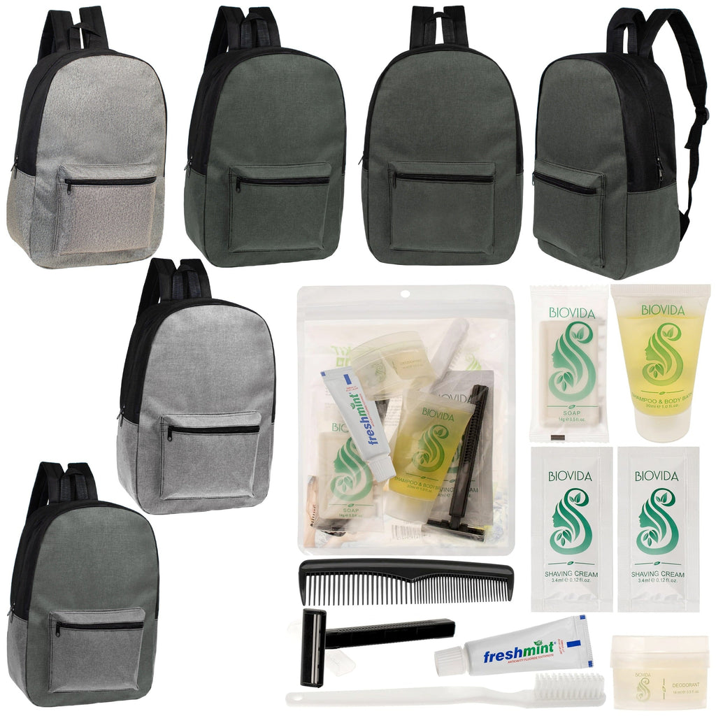 12 Basic Unisex 17" Backpacks in 4 Colors & Your Choice of 12 Bulk Hygiene Kits - Wholesale Care Package: Homeless, Emergency, Charity