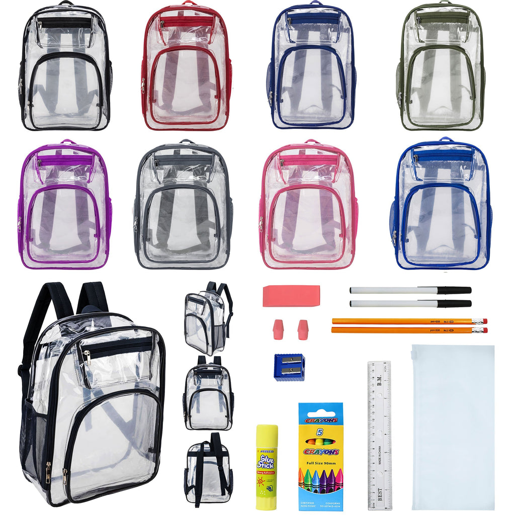 12 Premium 17" Wholesale Clear Backpacks in 8 Colors & 12 Bulk School Supply Kits of Your Choice