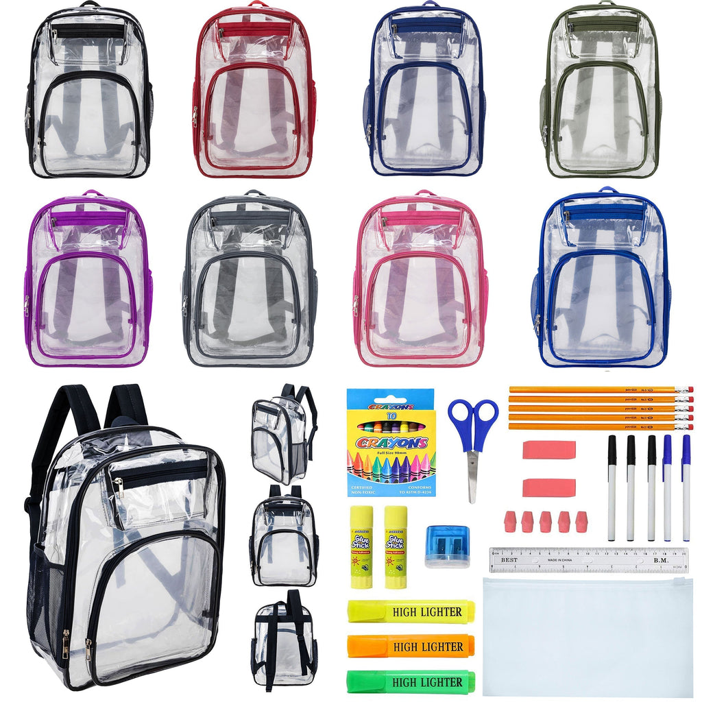 12 Premium 17" Wholesale Clear Backpacks in 8 Colors & 12 Bulk School Supply Kits of Your Choice