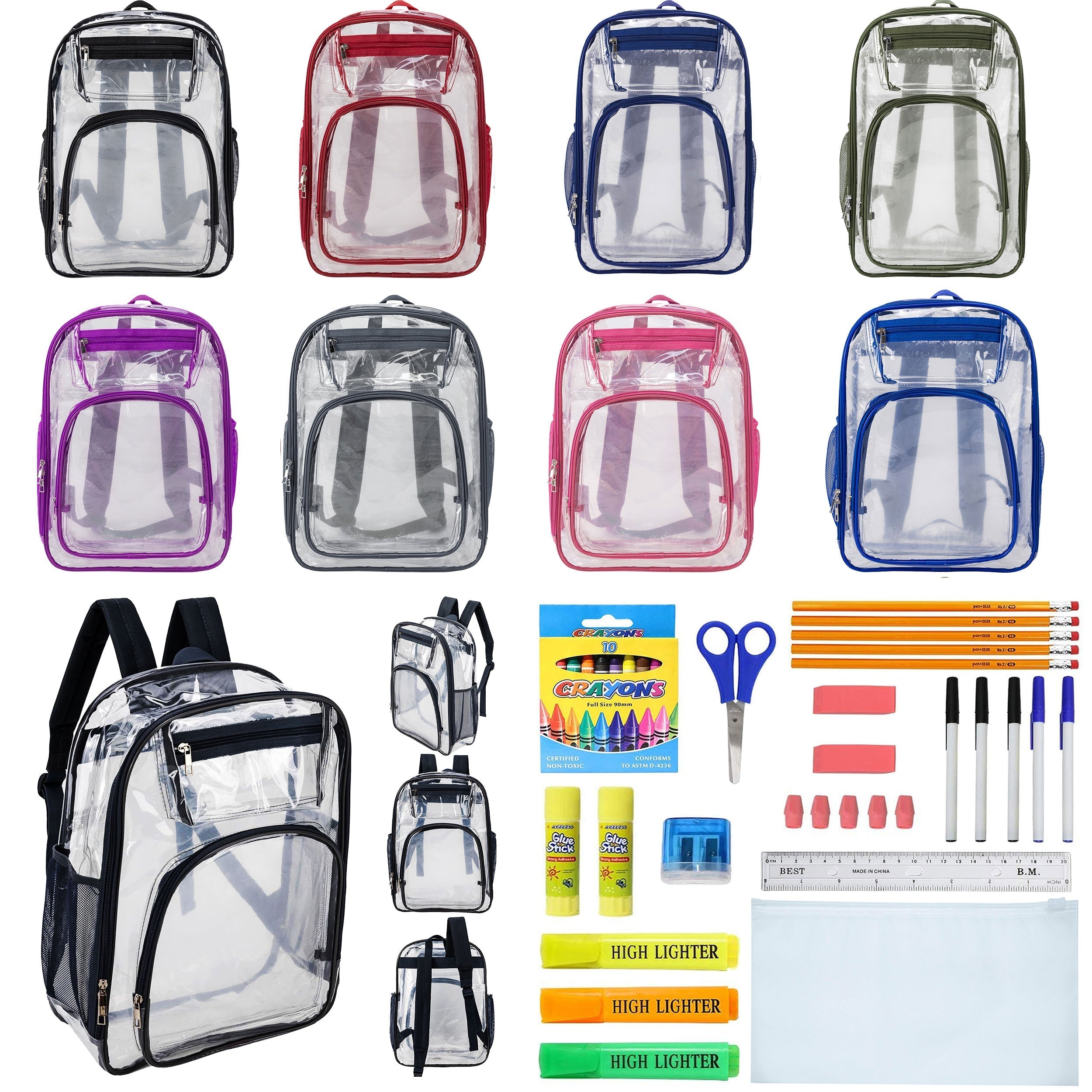 12 Premium 17" Wholesale Clear Backpacks in 8 Colors & 12 Bulk School Supply Kits of Your Choice
