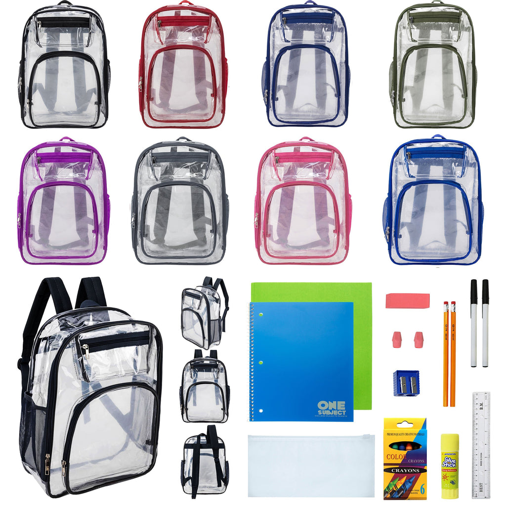 12 Premium 17" Wholesale Clear Backpacks in 8 Colors & 12 Bulk School Supply Kits of Your Choice
