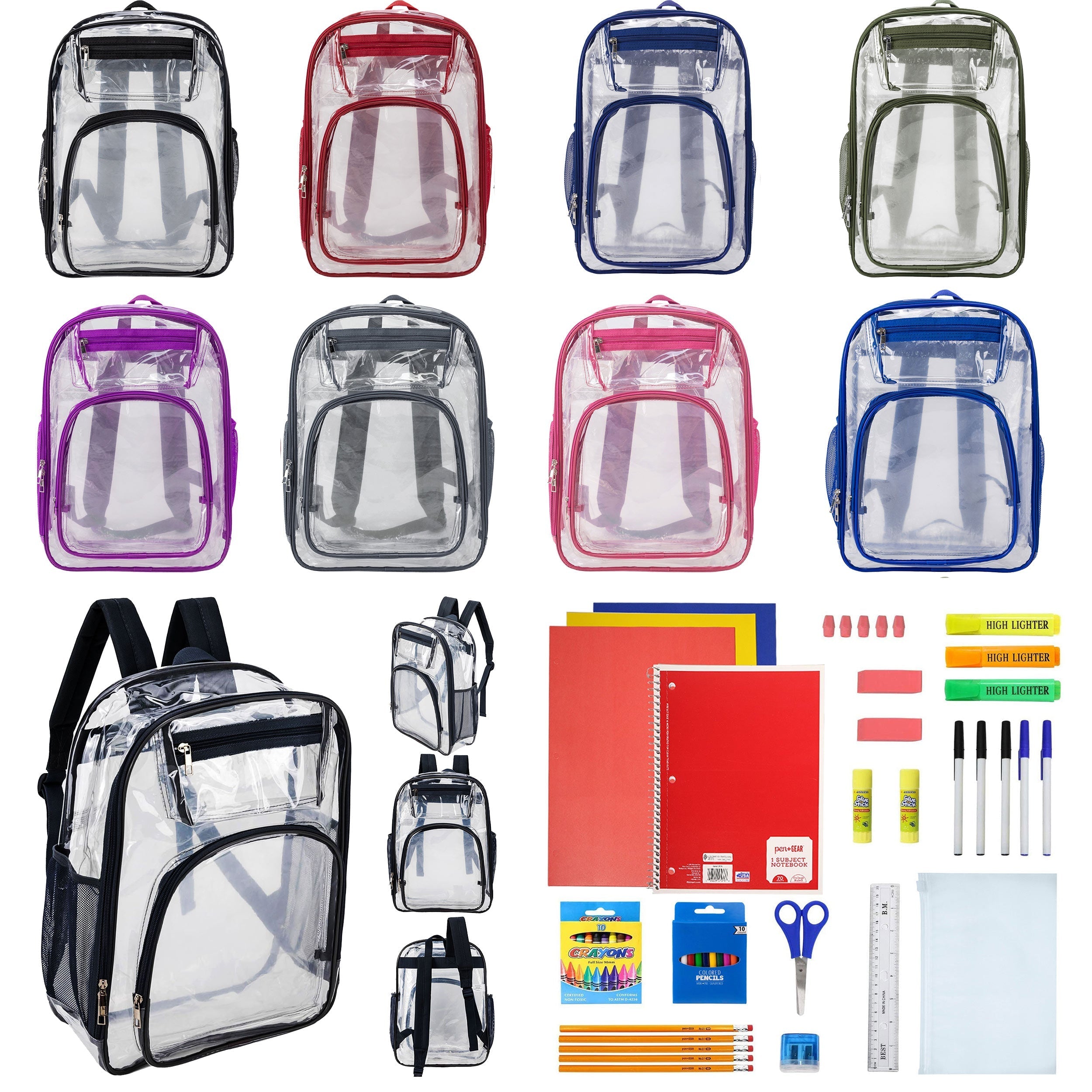 12 Premium 17" Wholesale Clear Backpacks in 8 Colors & 12 Bulk School Supply Kits of Your Choice