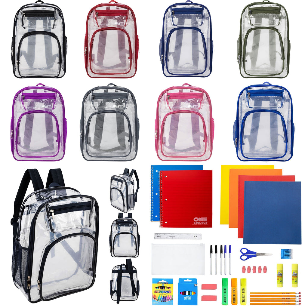 12 Premium 17" Wholesale Clear Backpacks in 8 Colors & 12 Bulk School Supply Kits of Your Choice