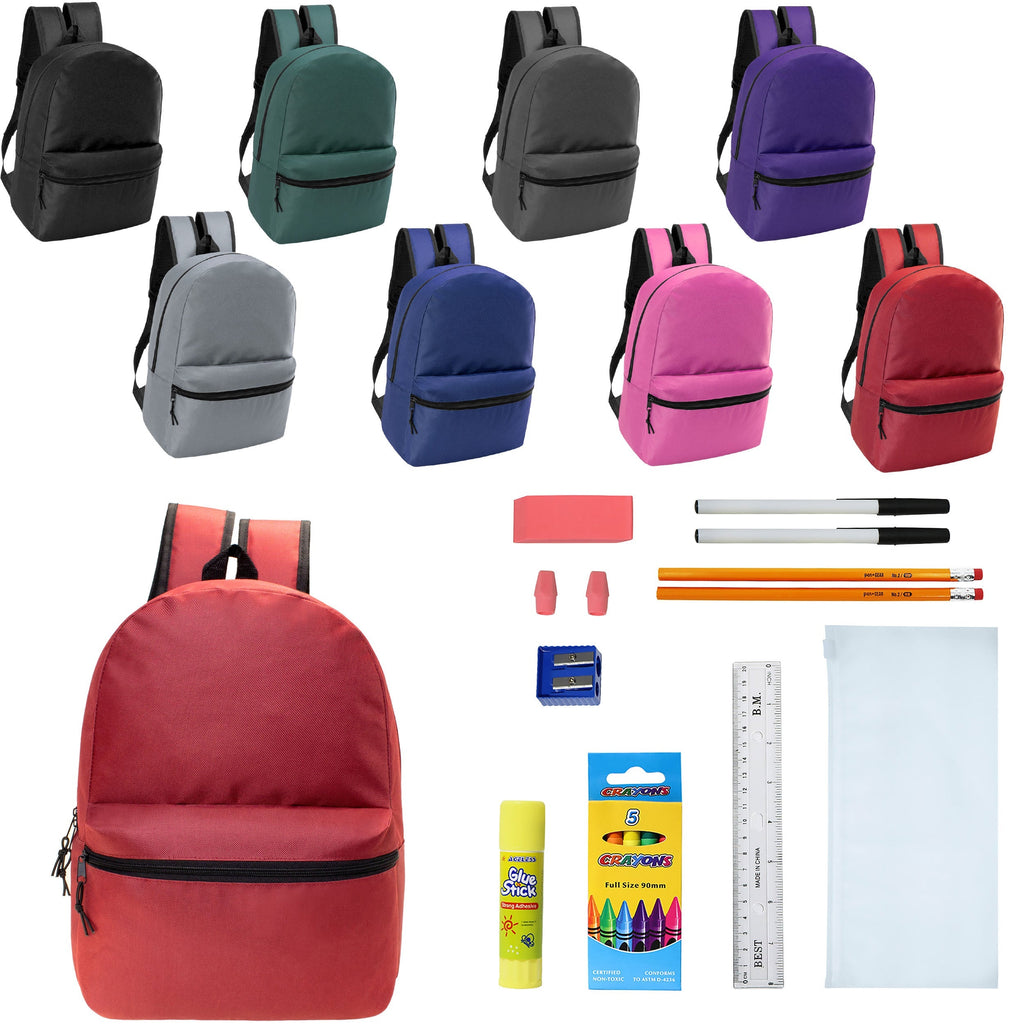 12 Wholesale 17" Basic Wholesale Backpack in 8 Colors & 12 Bulk School Supply Kits of Your Choice