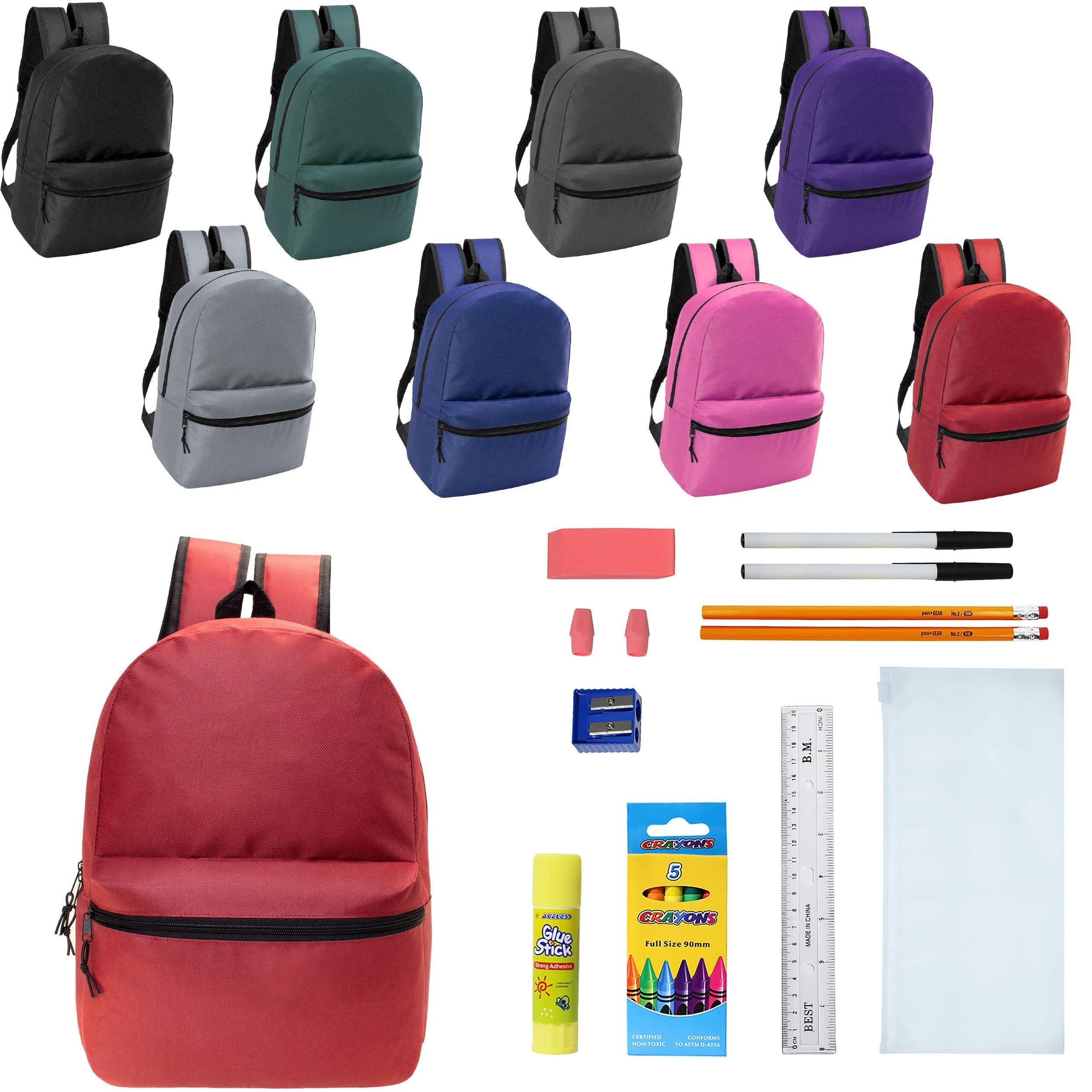 12 Wholesale 17" Basic Wholesale Backpack in 8 Colors & 12 Bulk School Supply Kits of Your Choice