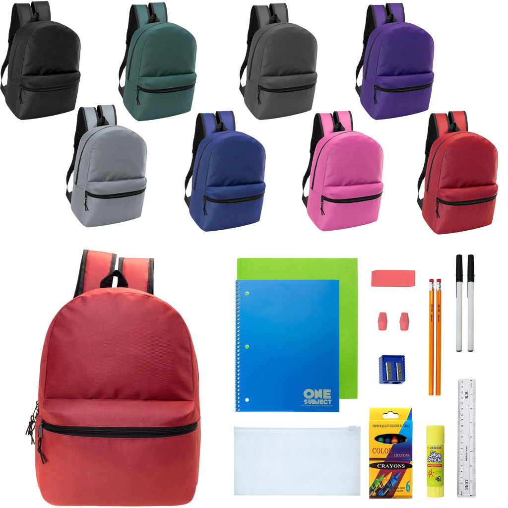 12 Wholesale 17" Basic Wholesale Backpack in 8 Colors & 12 Bulk School Supply Kits of Your Choice