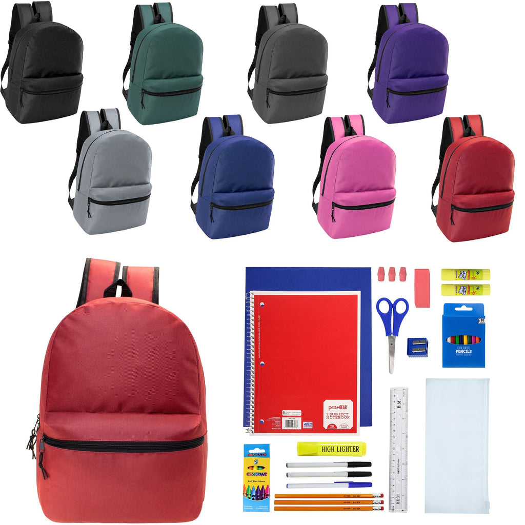 12 Wholesale 17" Basic Wholesale Backpack in 8 Colors & 12 Bulk School Supply Kits of Your Choice