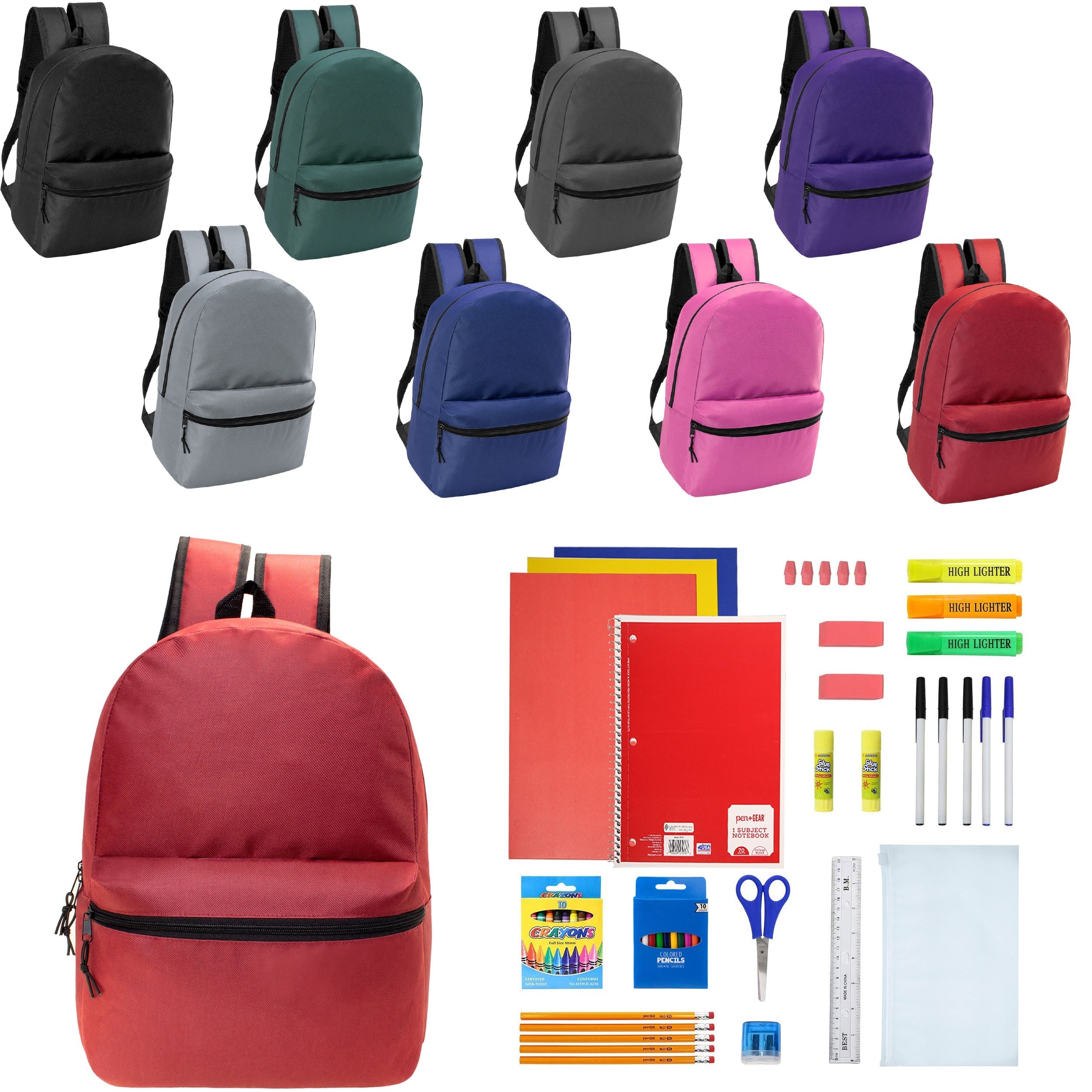 12 Wholesale 17" Basic Wholesale Backpack in 8 Colors & 12 Bulk School Supply Kits of Your Choice