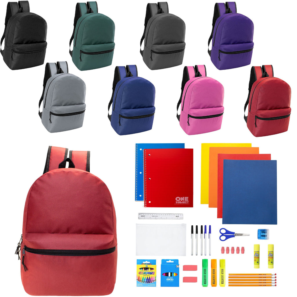 12 Wholesale 17" Basic Wholesale Backpack in 8 Colors & 12 Bulk School Supply Kits of Your Choice