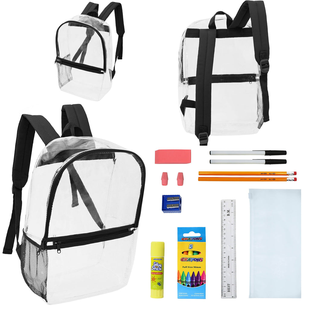 12 Clear 17" Wholesale Backpacks with Black Trim & 12 Bulk School Supply Kits of Your Choice
