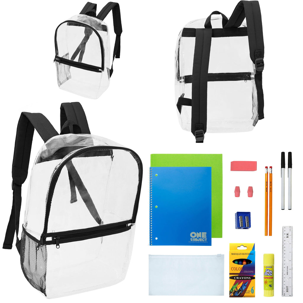 12 Clear 17" Wholesale Backpacks with Black Trim & 12 Bulk School Supply Kits of Your Choice