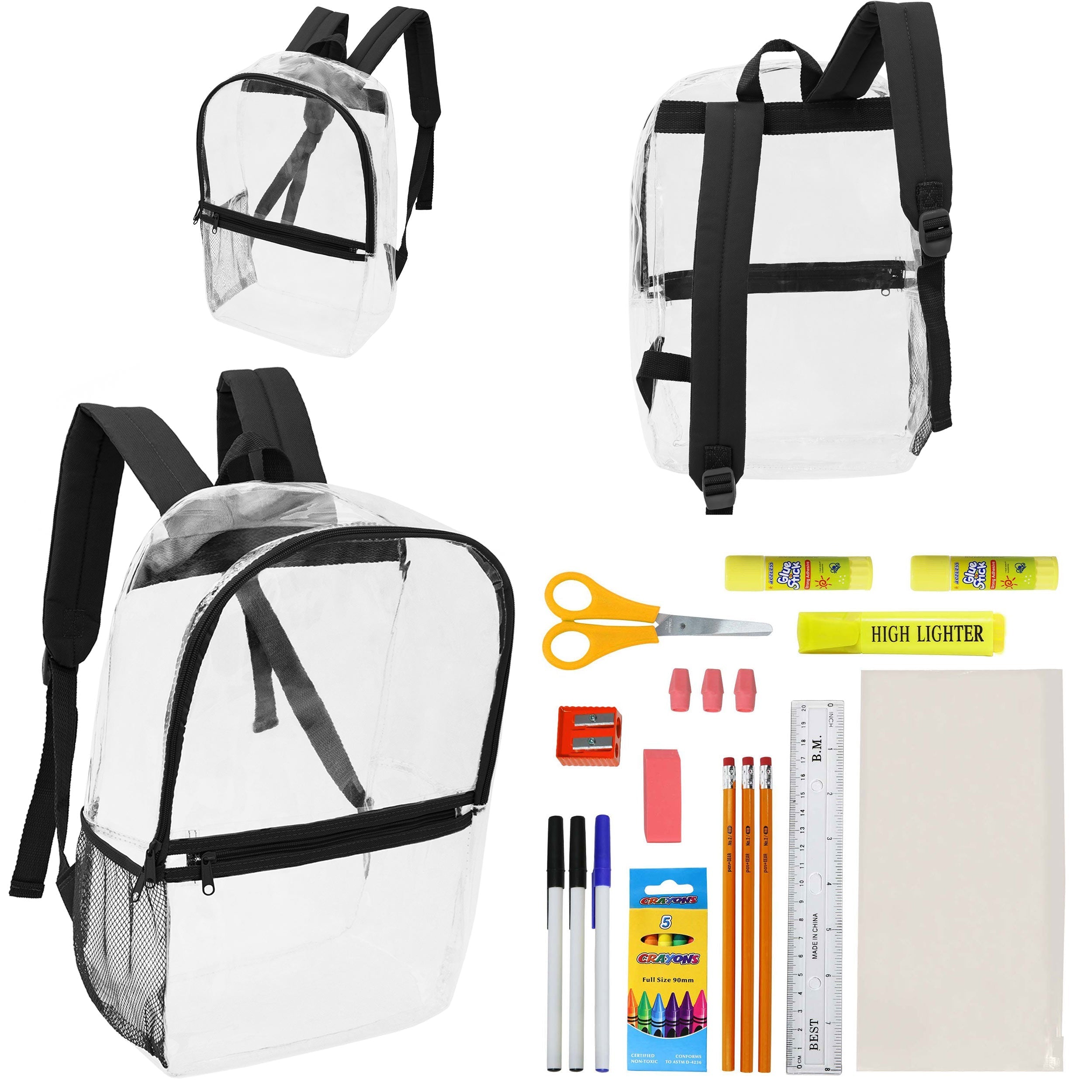 12 Clear 17" Wholesale Backpacks with Black Trim & 12 Bulk School Supply Kits of Your Choice
