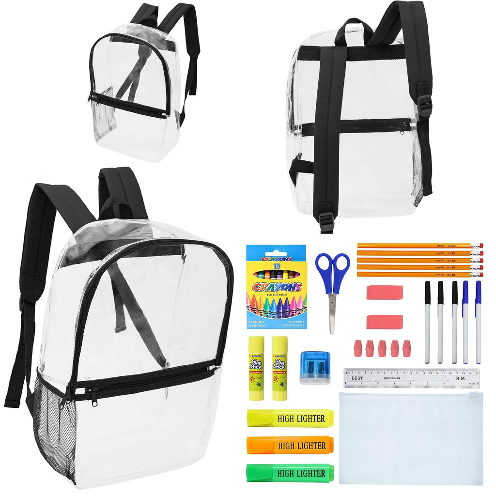 12 Clear 17" Wholesale Backpacks with Black Trim & 12 Bulk School Supply Kits of Your Choice