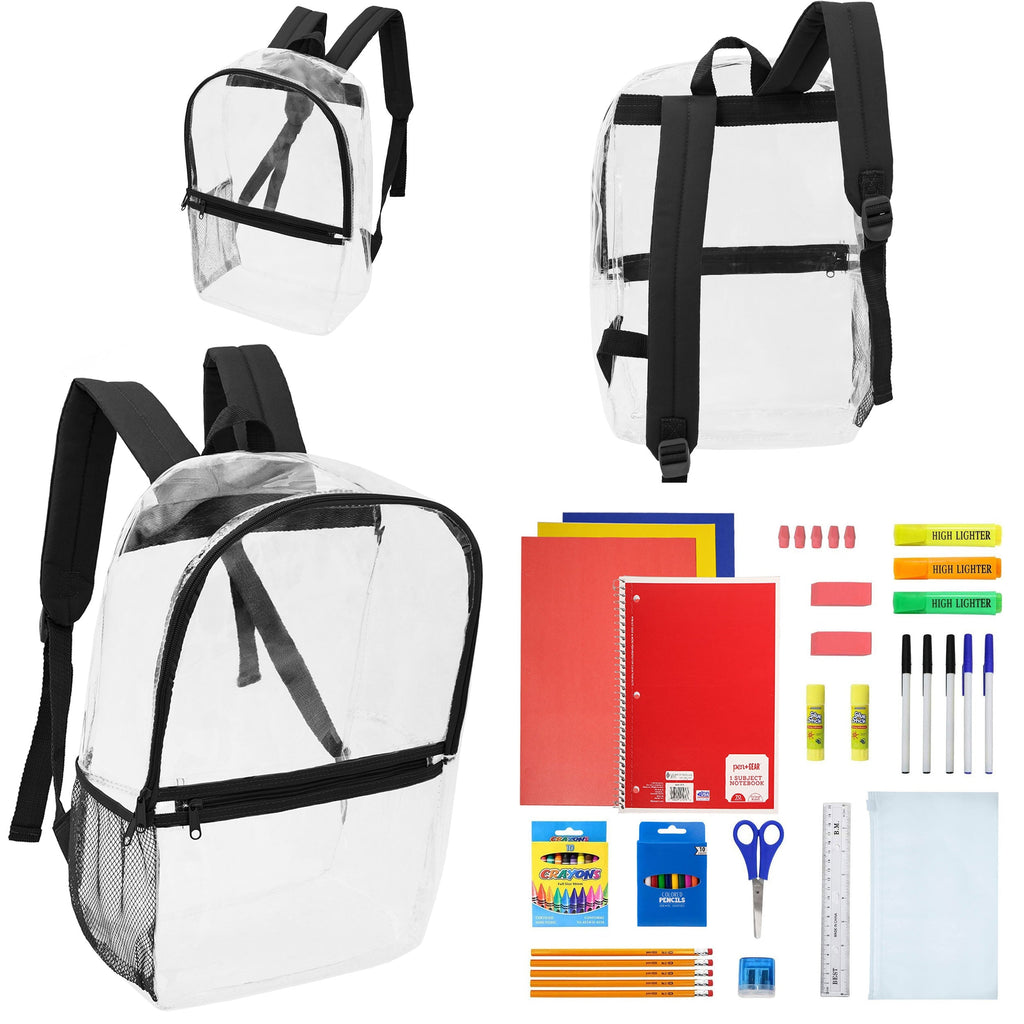 12 Clear 17" Wholesale Backpacks with Black Trim & 12 Bulk School Supply Kits of Your Choice