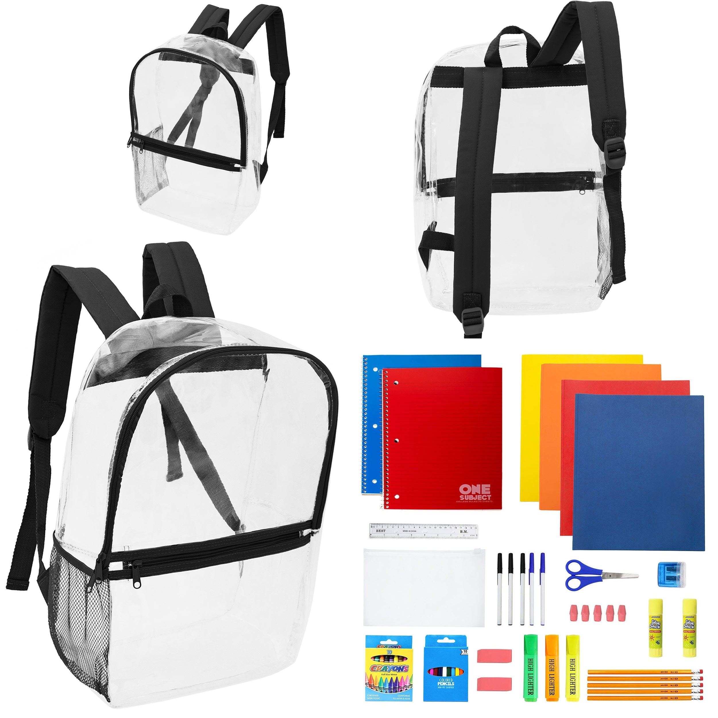 12 Clear 17" Wholesale Backpacks with Black Trim & 12 Bulk School Supply Kits of Your Choice