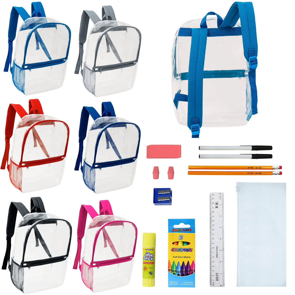 12 Clear 17" Wholesale Backpacks in Assorted Colors & 12 Bulk School Supply Kits of Your Choice