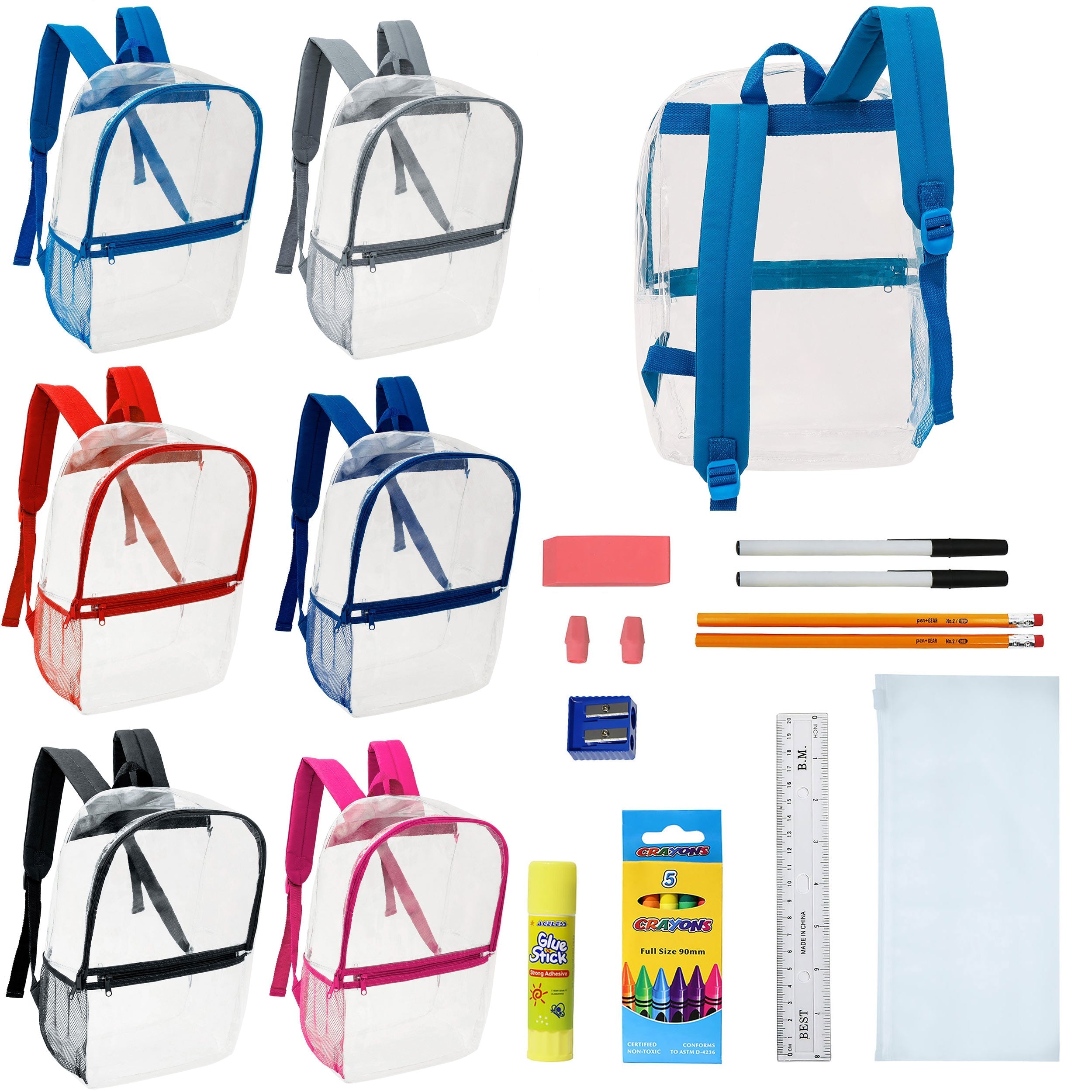 12 Clear 17" Wholesale Backpacks in Assorted Colors & 12 Bulk School Supply Kits of Your Choice