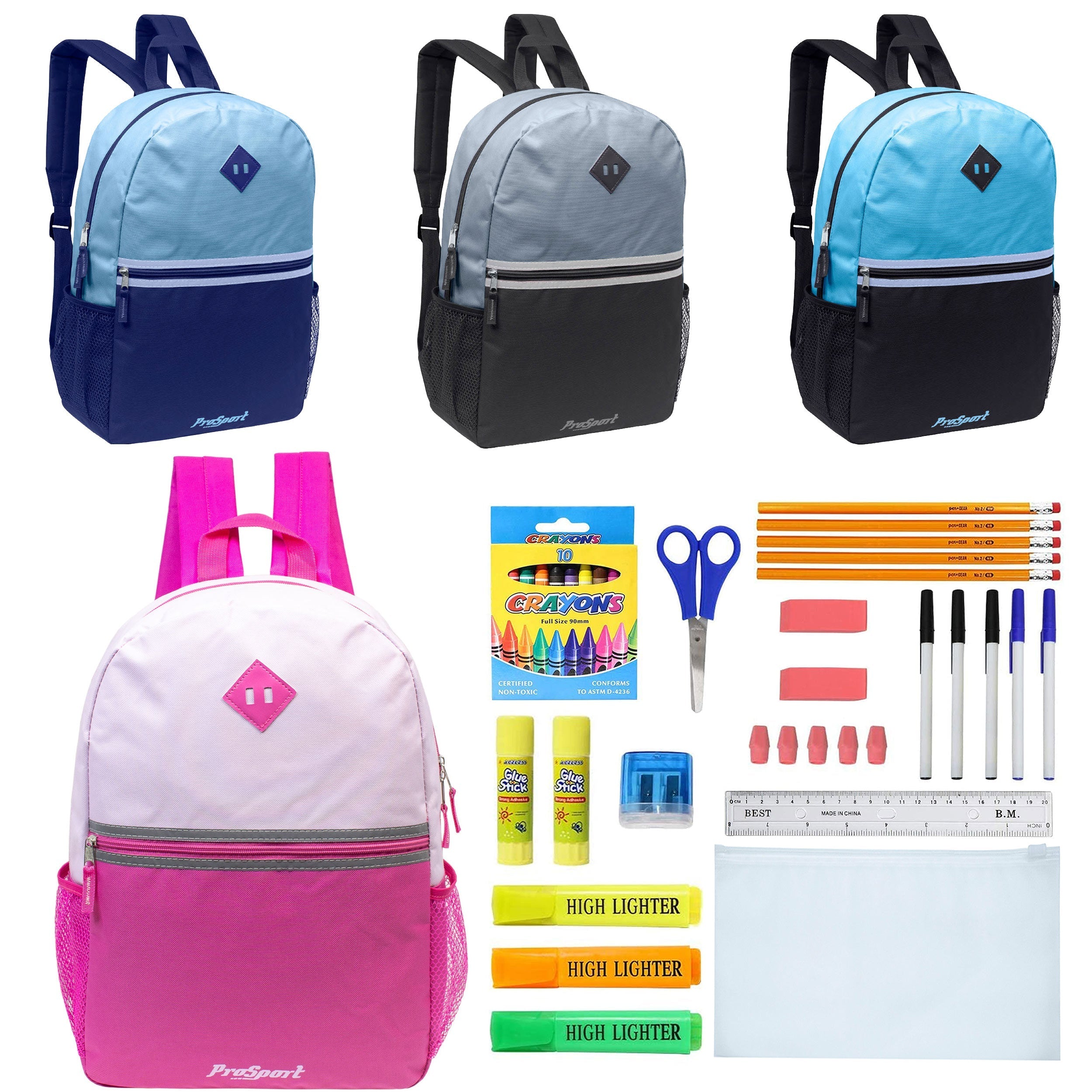12 Wholesale 17" 2-Tone Backpacks in 4 Colors Combos & 12 Bulk School Supply Kits of Your Choice