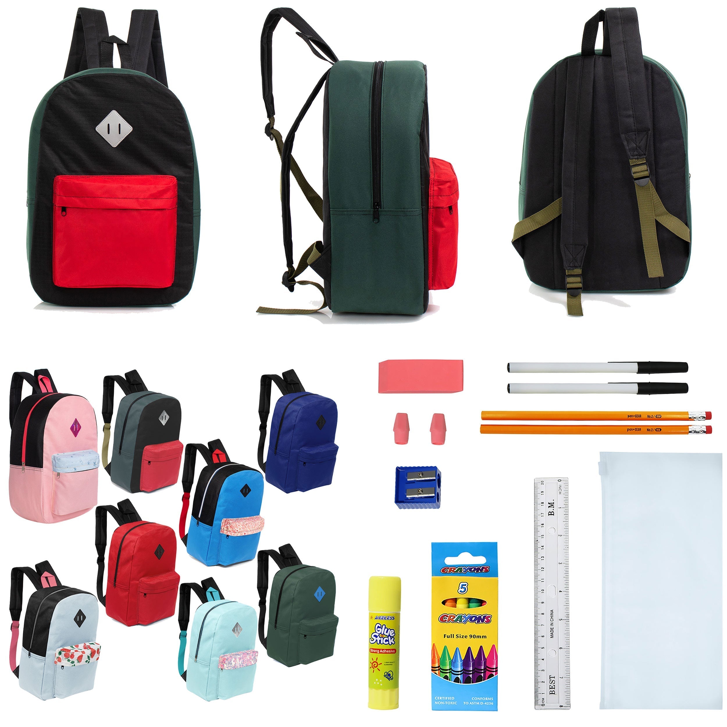 12 Wholesale 17" Padded Backpacks in Random Prints & 12 Bulk School Supply Kits of Your Choice